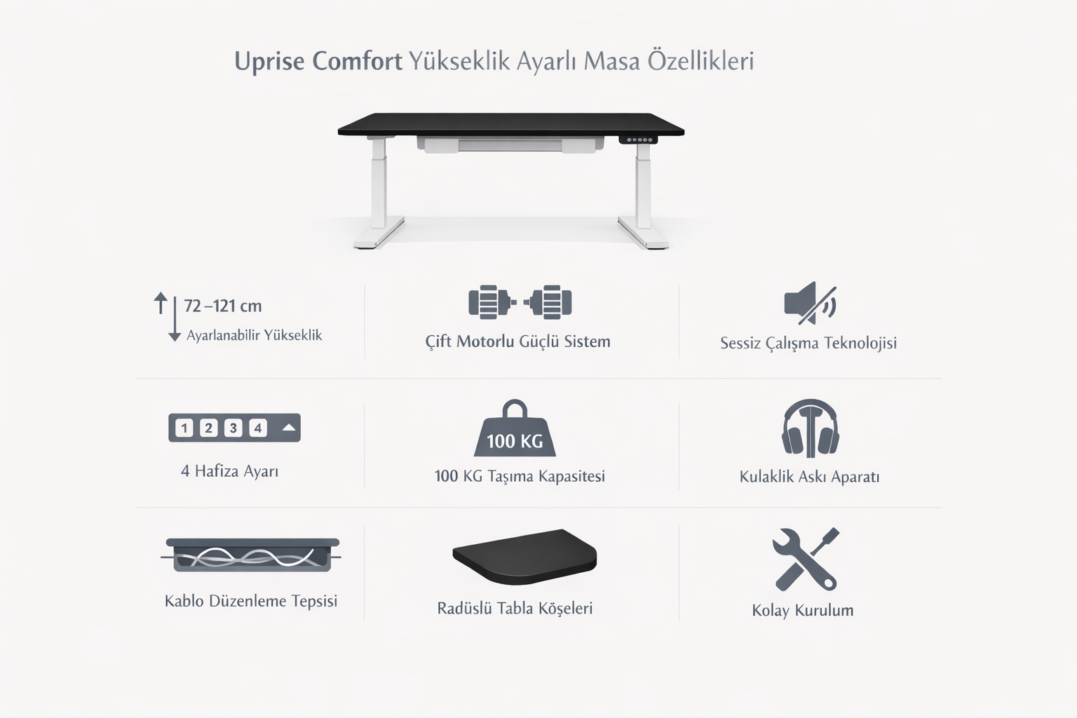 Uprise Height Adjustable Desk with White Legs and Black Tabletop