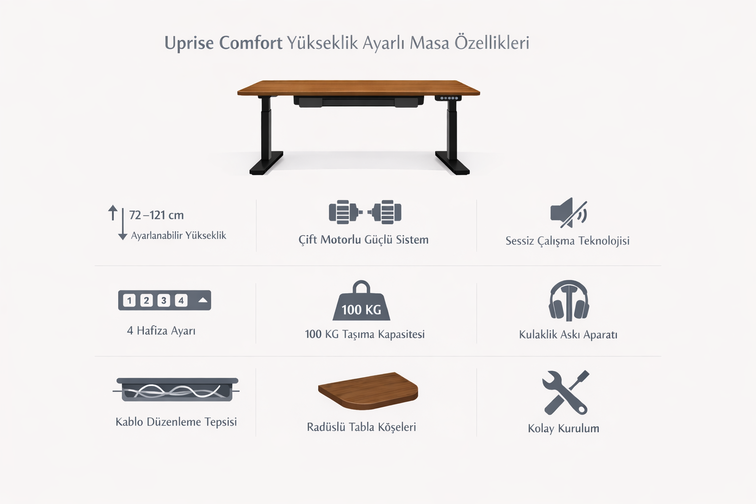 Uprise Comfort Yükseklik Ayarlı Masa Siyah Ayak Ceviz Tabla