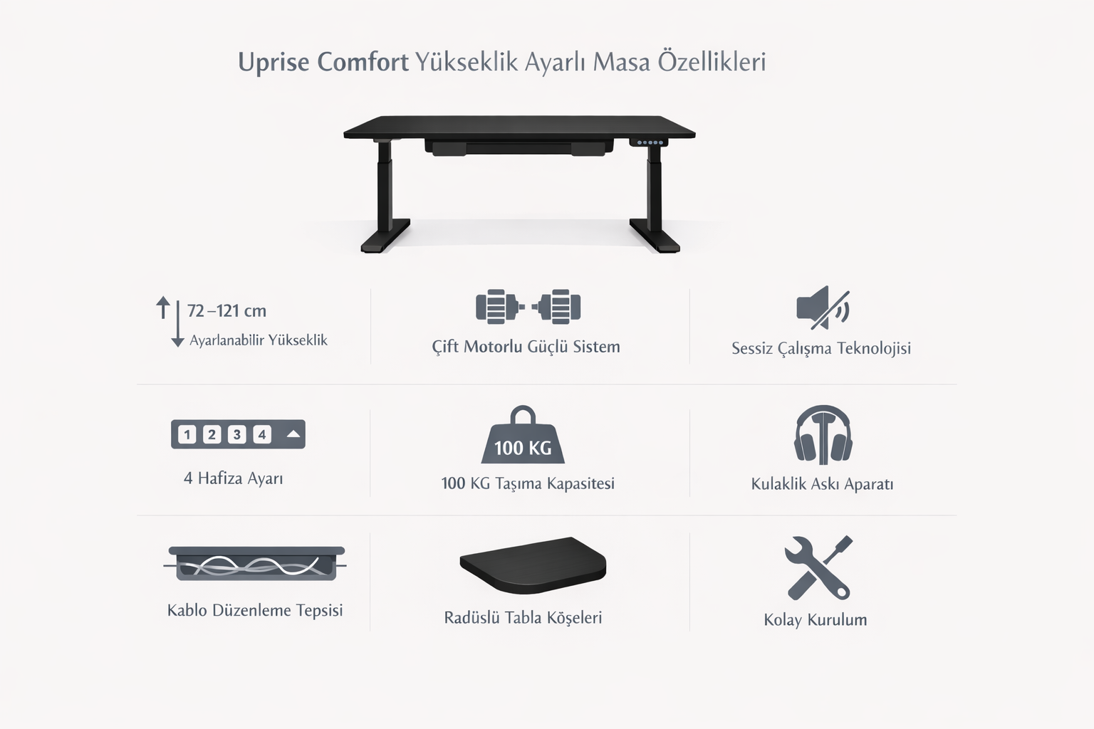 Uprise Comfort Yükseklik Ayarlı Masa Siyah Ayak Siyah Tabla