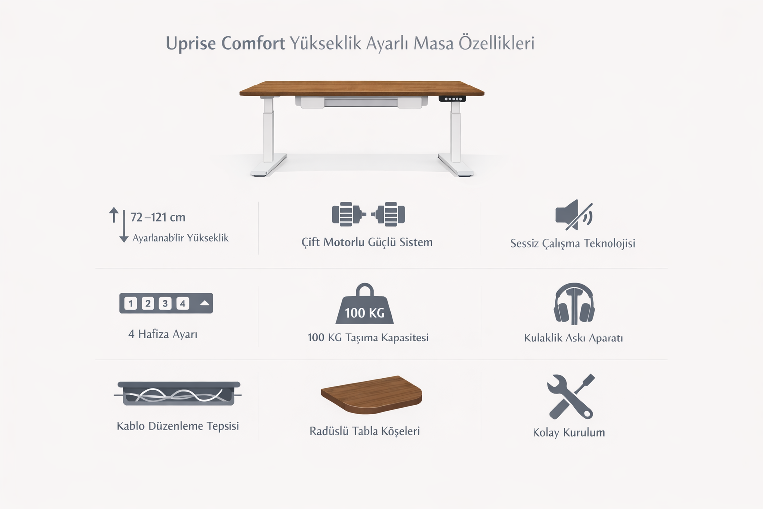 Uprise Yükseklik Ayarlı Masa Beyaz Ayak Ceviz Tabla