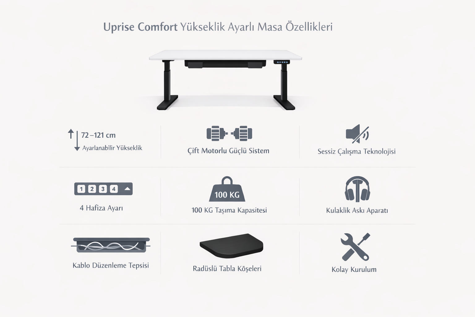 Uprise Comfort Height Adjustable Desk with Black Legs and White Tabletop