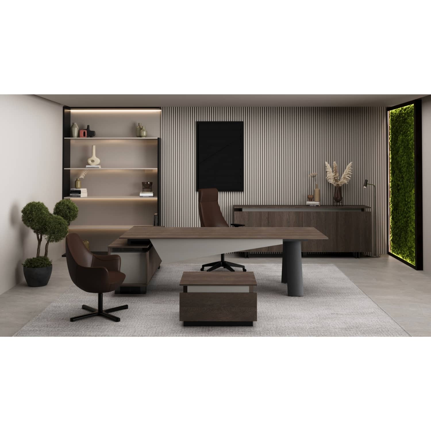 Balance Ofis Masa Takımı | Ofis Mobilyaları 260 cm - Sağ Etajerli - Koyu Meşe