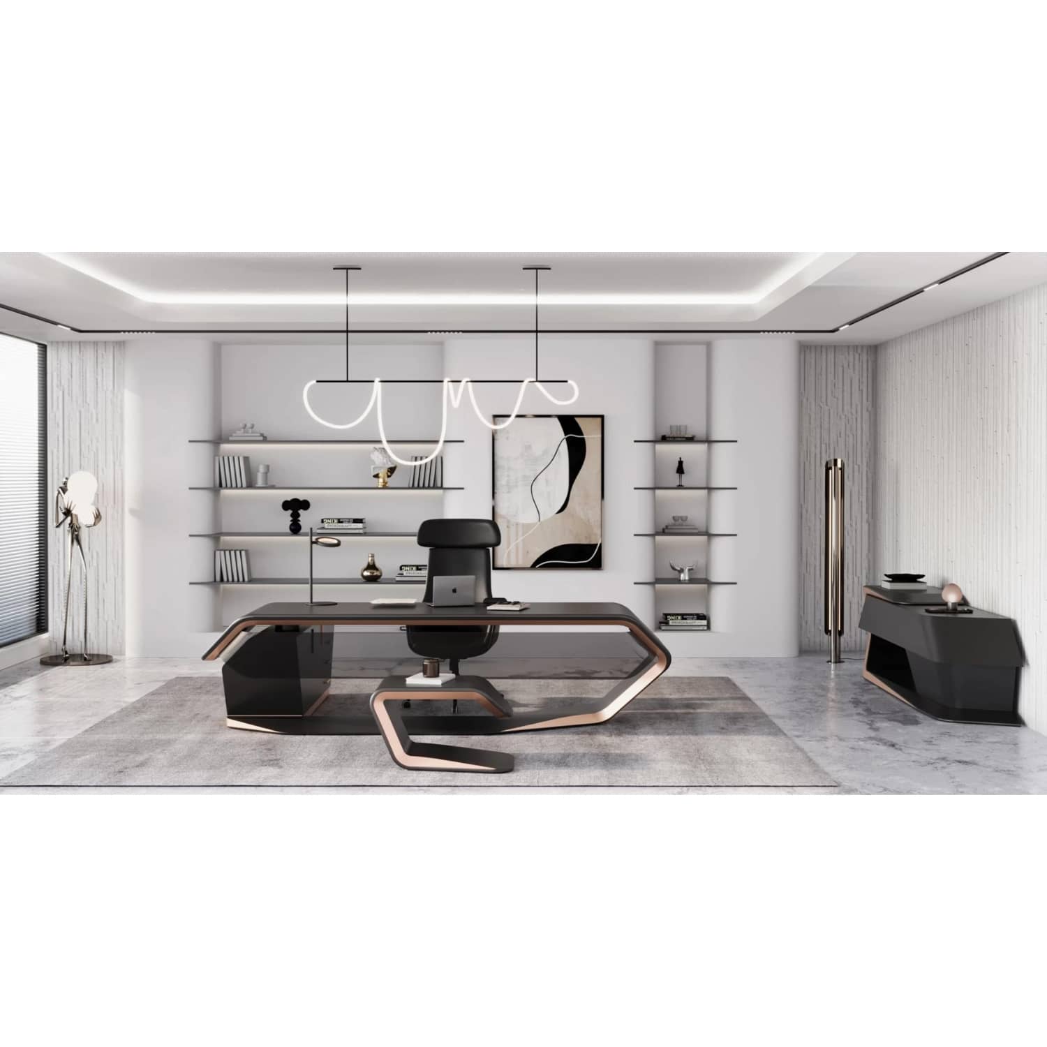 OFİSİMİ FUTURE 294 CM CİLALI SİYAH MAKAM MASA TAKIMI - Ofis Mobilya