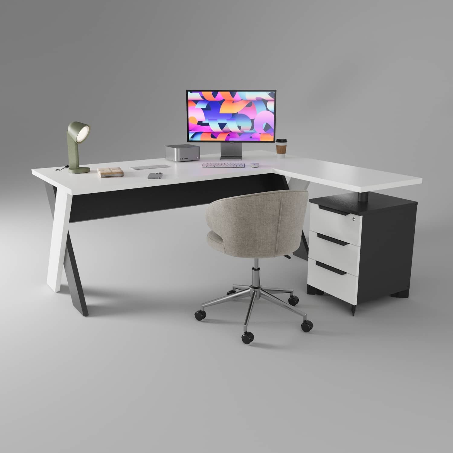 Omix Yüksek Kesonlu L Çalışma Masası 160 cm - Lake Beyaz