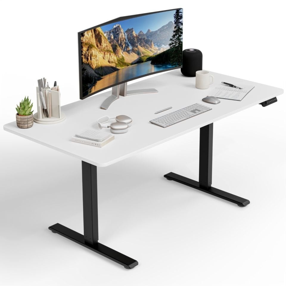 Bureau réglable en hauteur Uprise | Moteur bimoteur | Solide-Équilibré-Stable (Laqué Blanc-Noir)