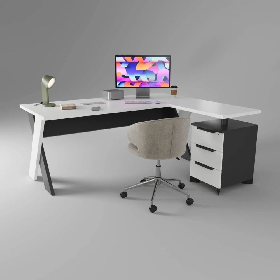 Omix Kesonlu L Çalışma Masası Takımı (Lake Beyaz/Antrasit)