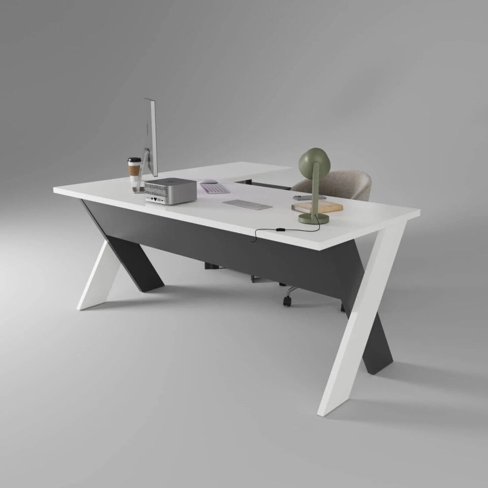 Omix Kesonlu L Çalışma Masası Takımı (Lake Beyaz/Antrasit)