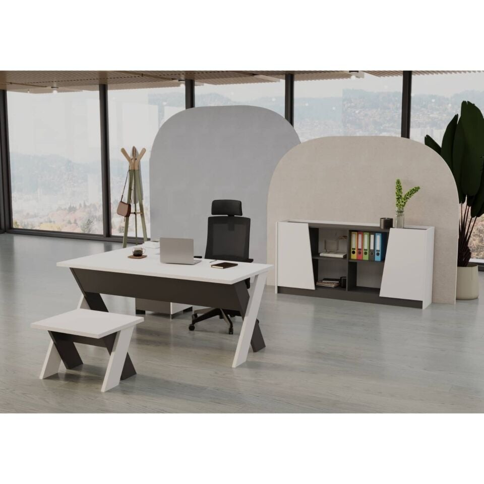 Omix Kesonlu L Çalışma Masası Takımı (Lake Beyaz/Antrasit)