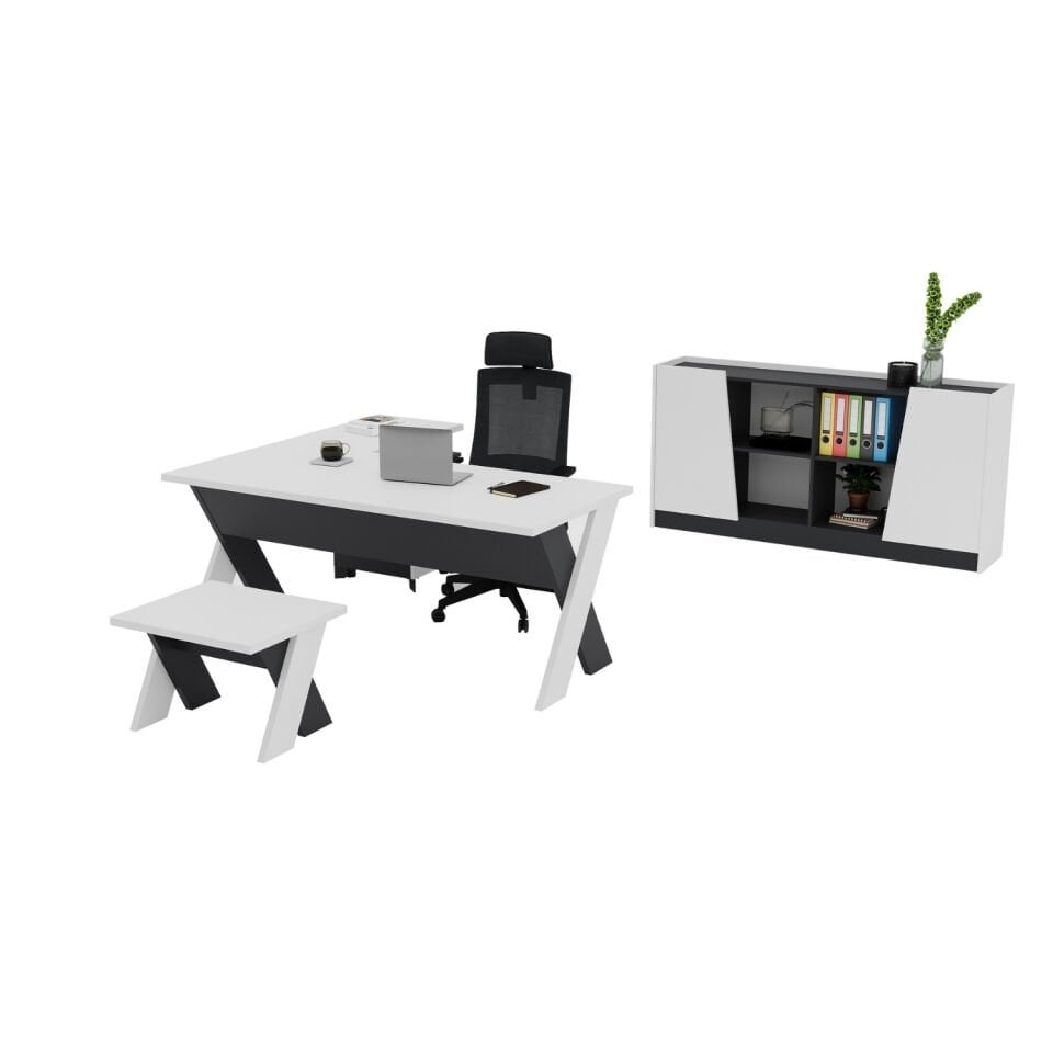 Omix Kesonlu L Çalışma Masası Takımı (Lake Beyaz/Antrasit)