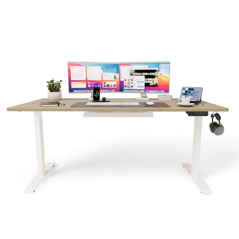 Ofisimi Uprise Comfort Çift Motorlu Yükseklik Ayarlı Masa (72–121 cm) - Beyaz/Meşe Budva