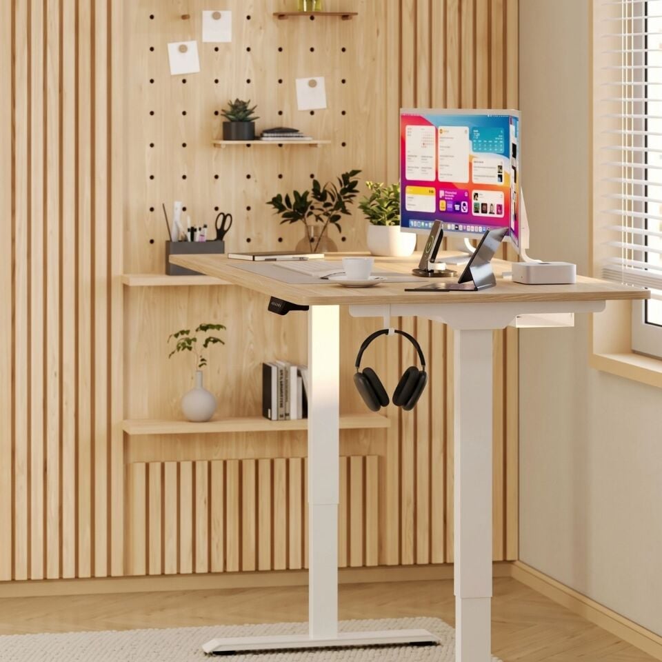 Ofisimi Uprise Comfort Çift Motorlu Yükseklik Ayarlı Masa (72–121 cm) - Beyaz/Meşe Budva