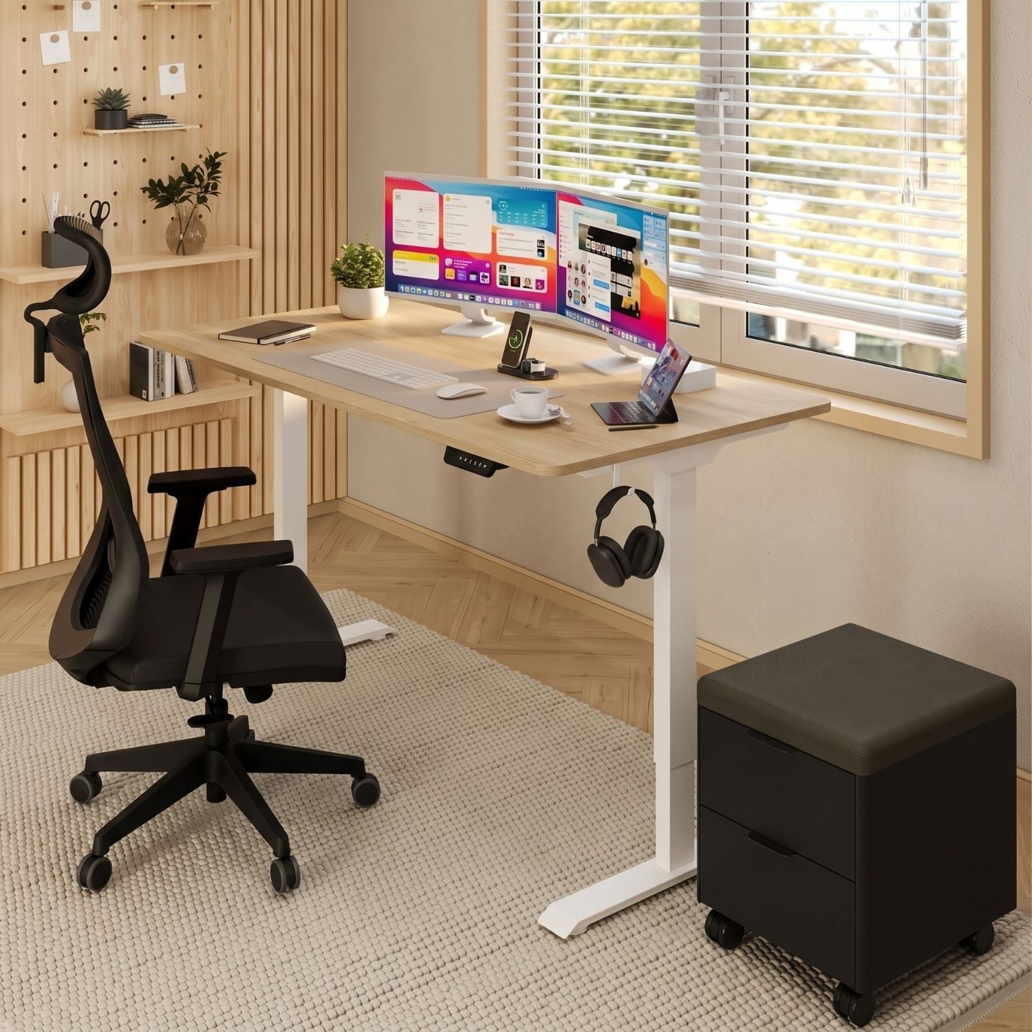 Ofisimi Uprise Comfort Çift Motorlu Yükseklik Ayarlı Masa (72–121 cm) - Beyaz/Meşe Budva