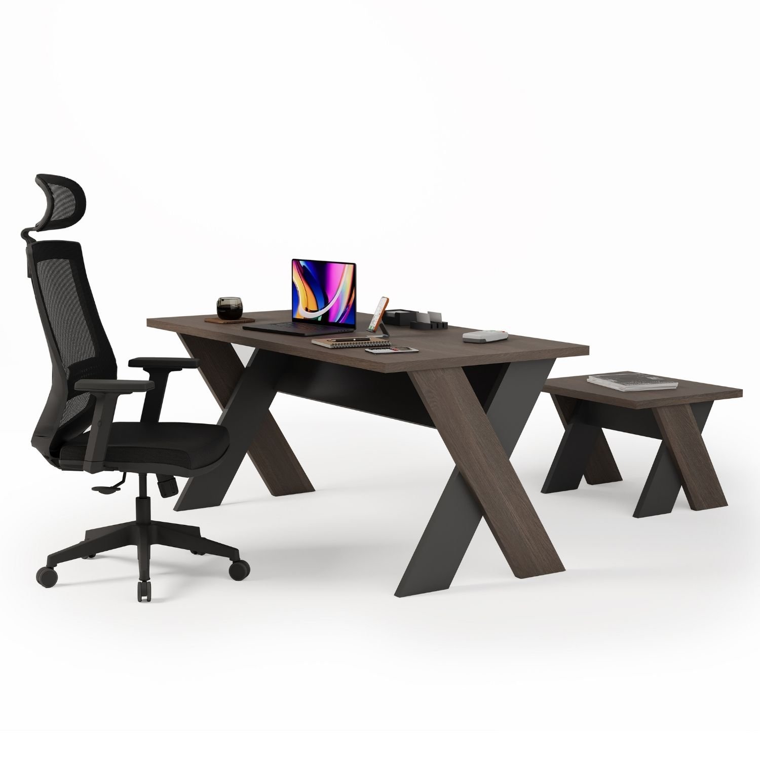 Omix Koltuklu Ofis Masa Takımı (Koyu Meşe-Balos/Antrasit)