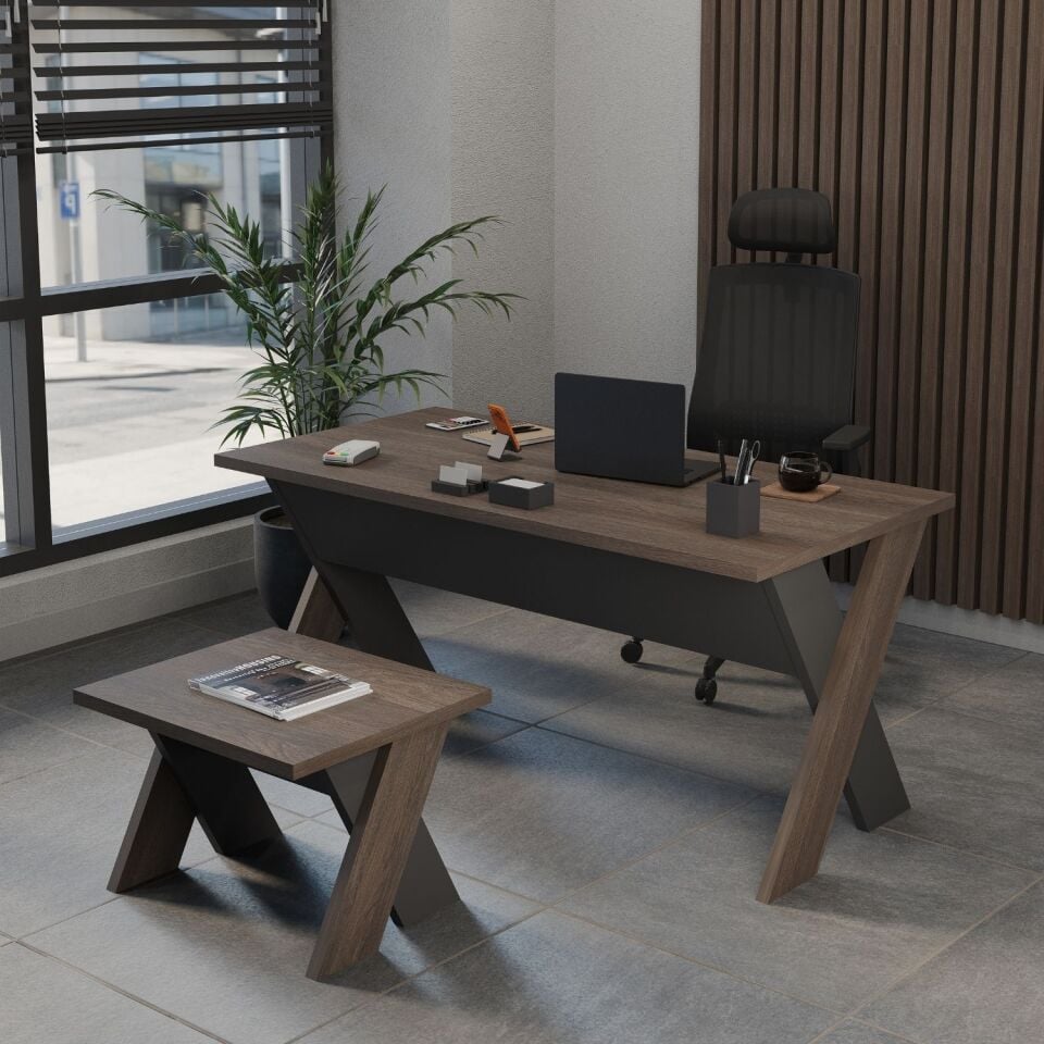 Omix Koltuklu Ofis Masa Takımı (Koyu Meşe-Balos/Antrasit)