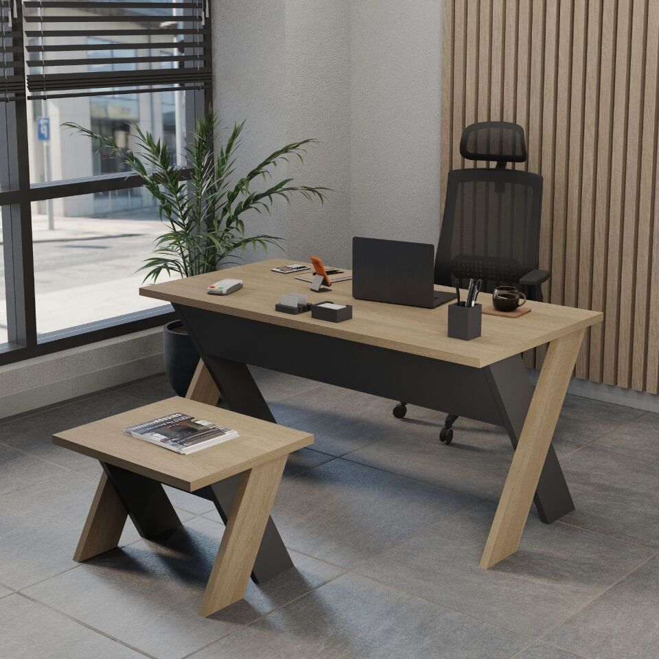 Ofisimi Omix Koltuklu Ofis Masa Takımı (Meşe-Budva/Antrasit)