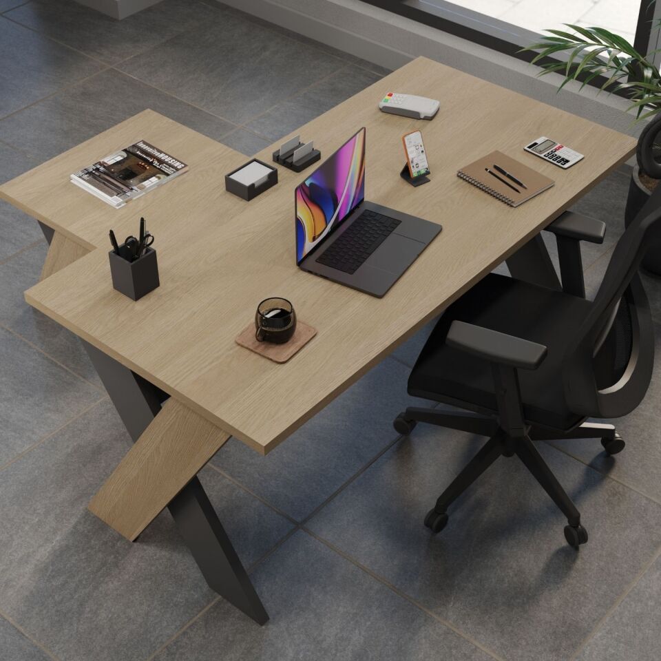 Omix Office Desk Set with Chairs (Oak-Budva/Anthracite) | Office Furniture
