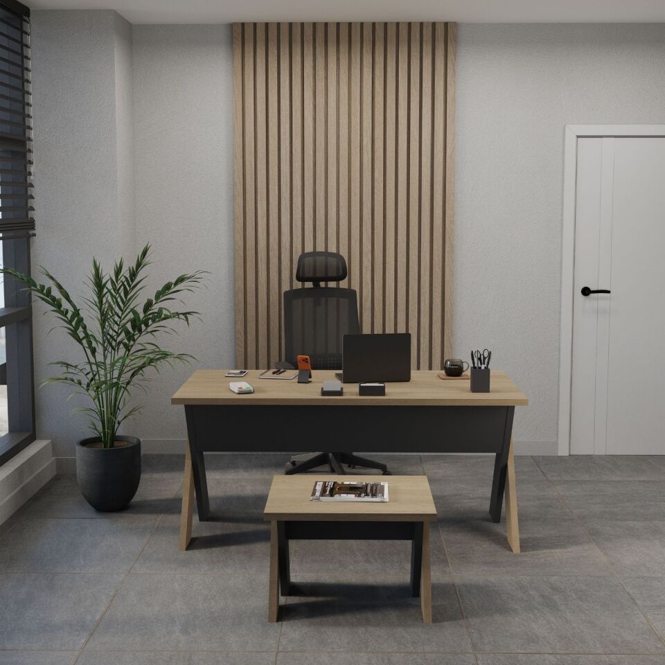 Omix Office Desk Set with Chairs (Oak-Budva/Anthracite) | Office Furniture