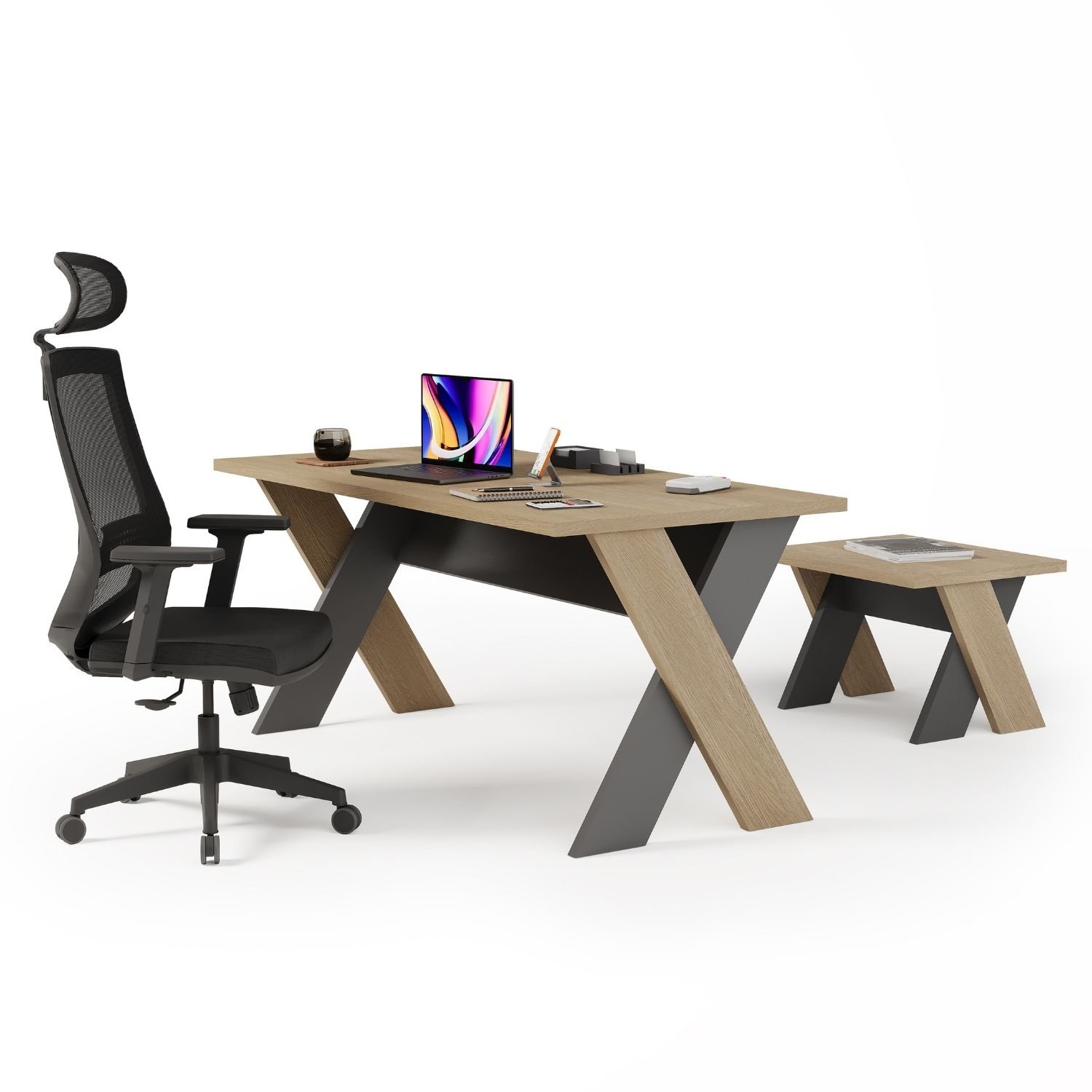 Omix Office Desk Set with Chairs (Oak-Budva/Anthracite) | Office Furniture