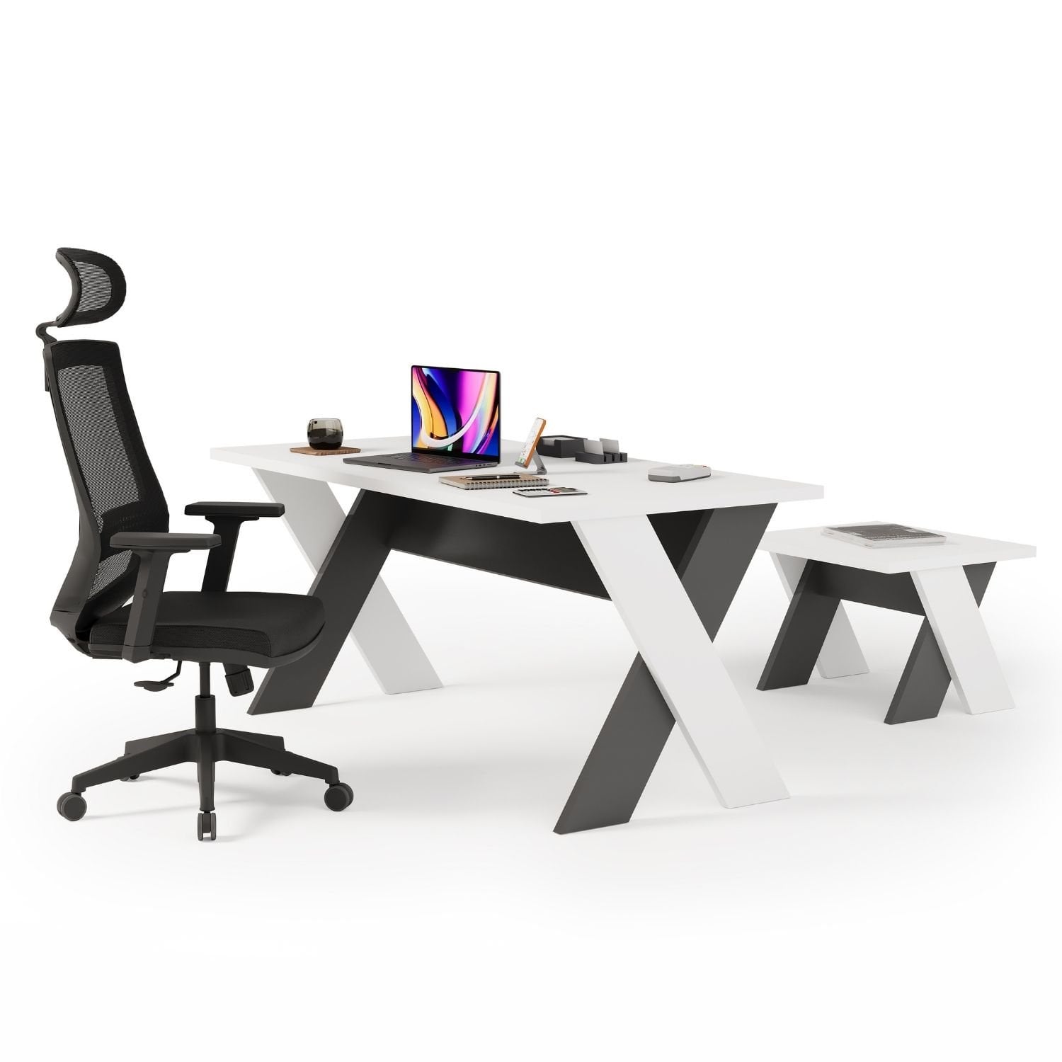 Ensemble bureau et chaises Omix (laque blanche/anthracite) | Mobilier de bureau