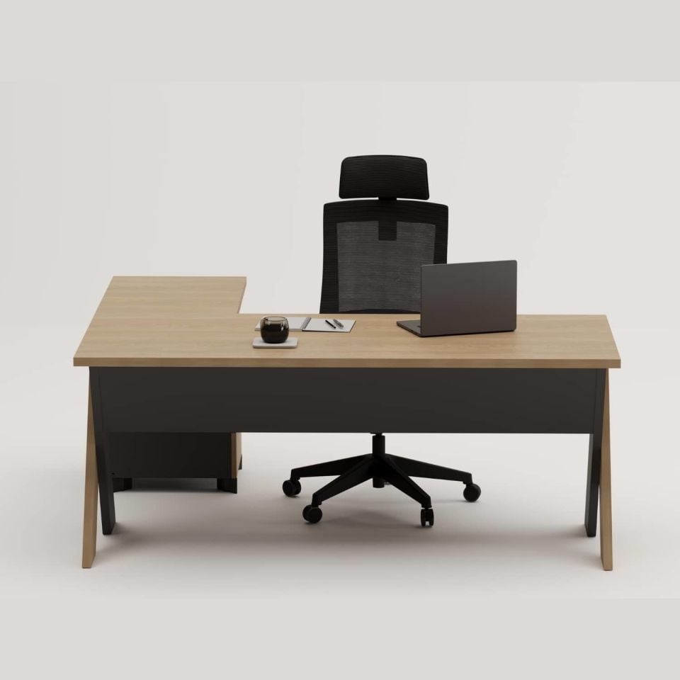 Omix Yüksek Kesonlu L Çalışma Masası - Ofis Masası | Ofis Mobilyaları 140 cm - Budva - Meşe