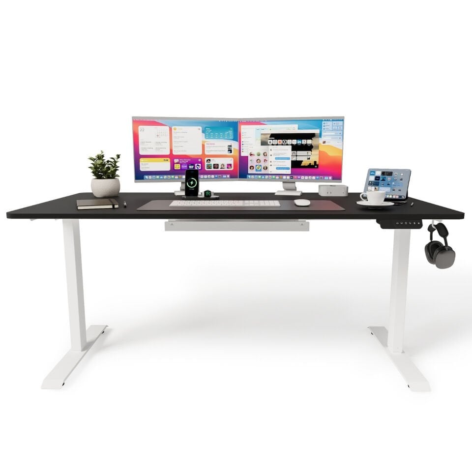 Bureau électrique réglable en hauteur Uprise Comfort à double moteur (72–121 cm) - Blanc/Noir mat | Bureau électrique