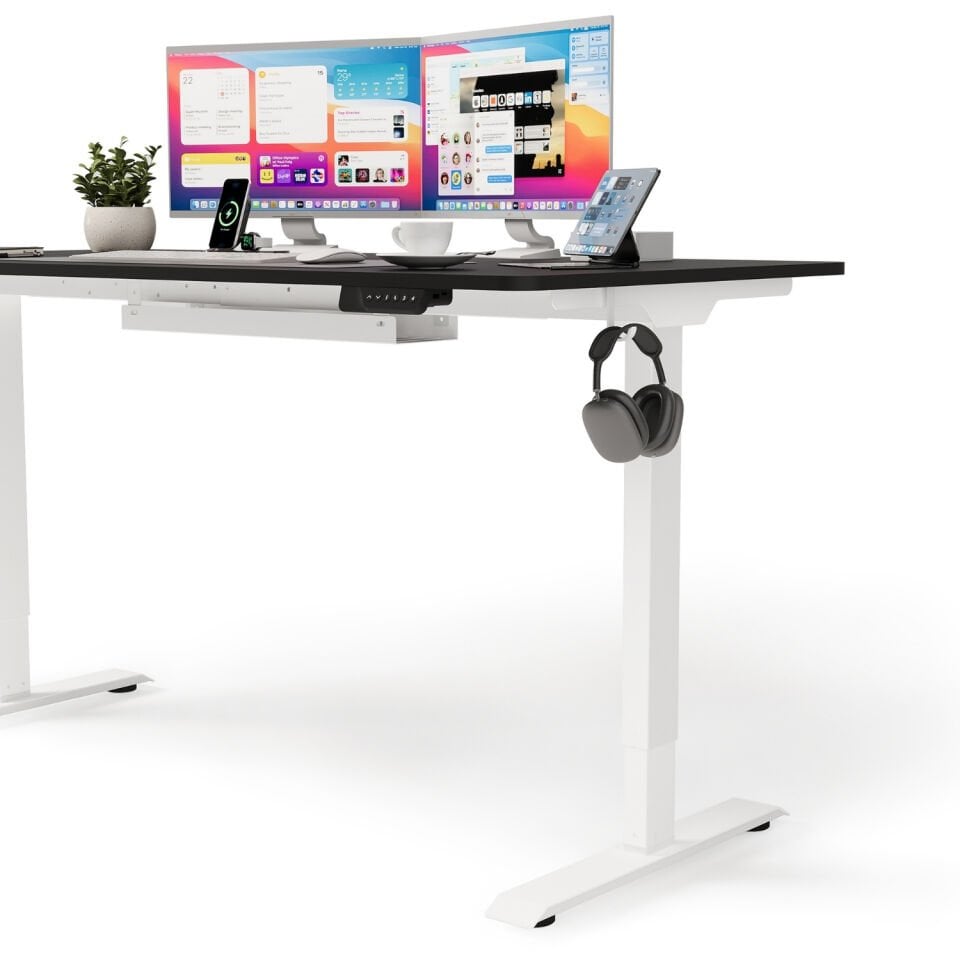 Bureau électrique réglable en hauteur Uprise Comfort à double moteur (72–121 cm) - Blanc/Noir mat | Bureau électrique