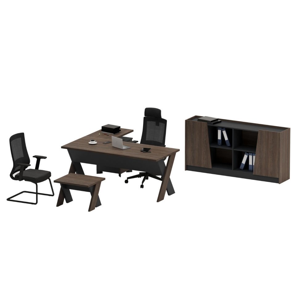 Ofisimi Omix Kesonlu L Çalışma Masası Takımı (Koyu Meşe/Antrasit) - Ofis Masası