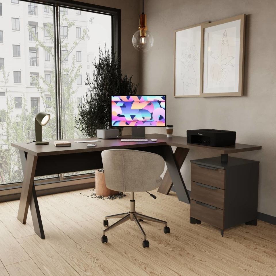 Ofisimi Omix Kesonlu L Çalışma Masası Takımı (Koyu Meşe/Antrasit) - Ofis Masası