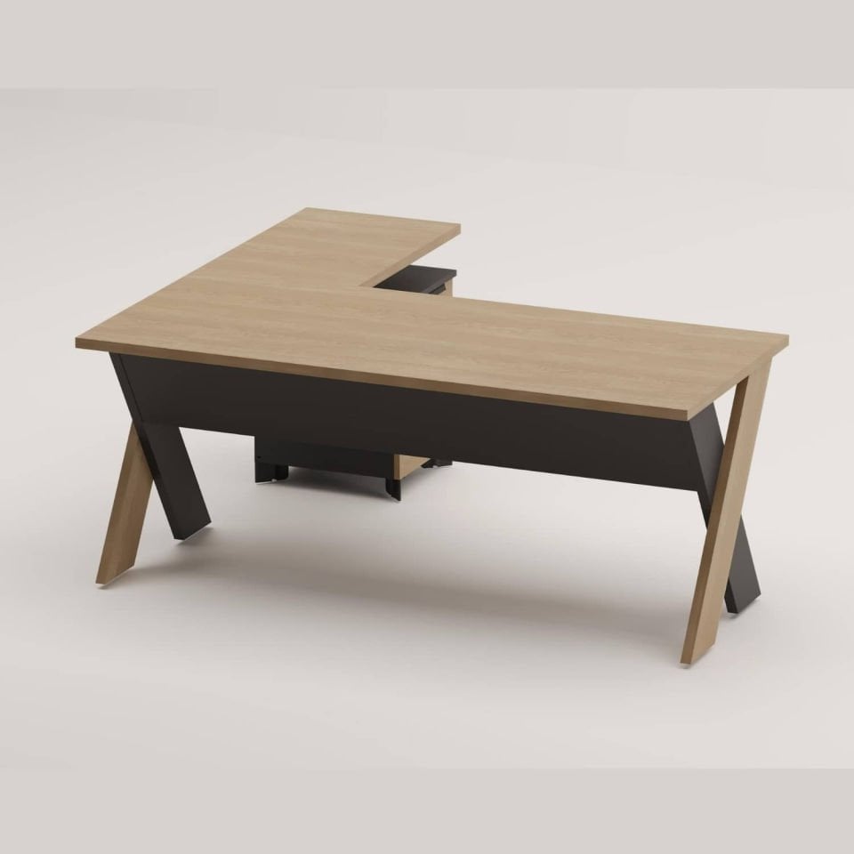 Omix Kesonlu L Çalışma Masası Takımı (Meşe/Antrasit) - Ofis Masası 180 cm