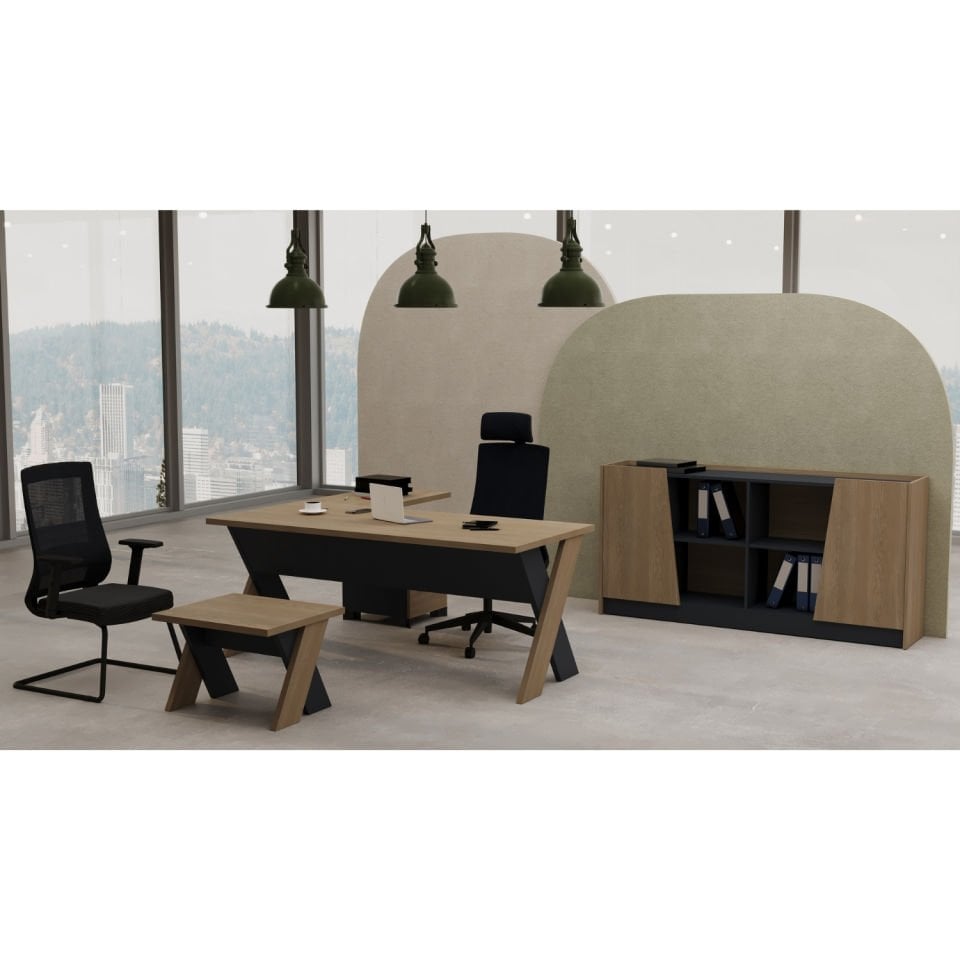 Omix Kesonlu L Çalışma Masası Takımı (Meşe/Antrasit) - Ofis Masası 180 cm