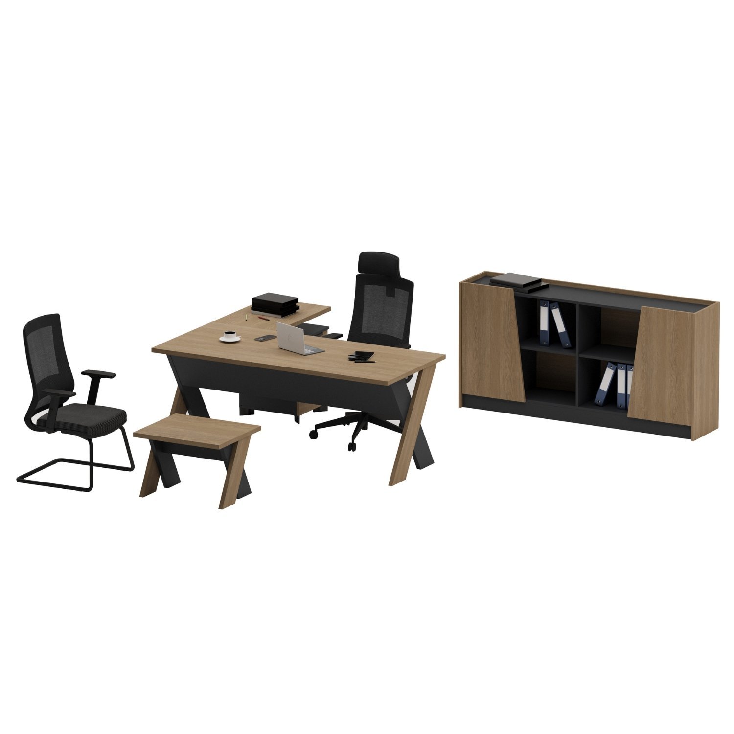 Omix Kesonlu L Çalışma Masası Takımı (Meşe/Antrasit) - Ofis Masası 180 cm