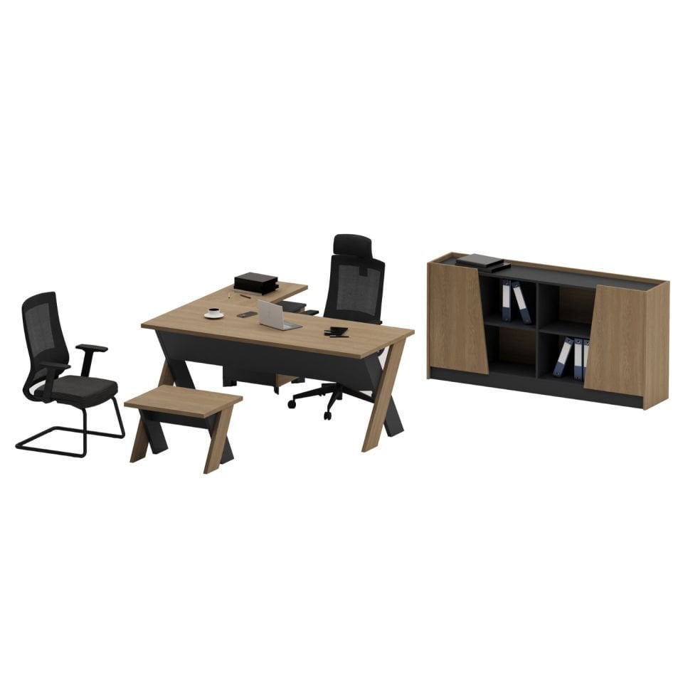 Omix Kesonlu L Çalışma Masası Takımı (Meşe/Antrasit) - Ofis Masası 180 cm