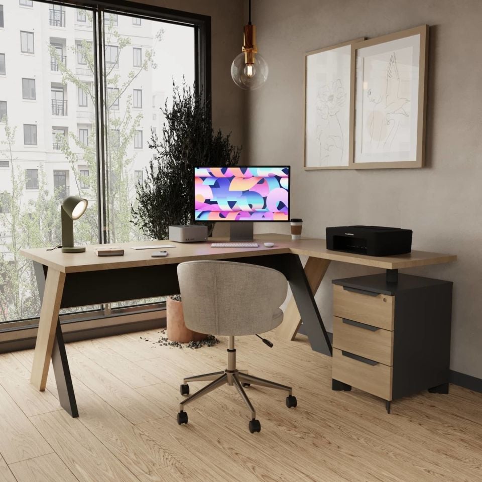 Omix Kesonlu L Çalışma Masası Takımı (Meşe/Antrasit) - Ofis Masası 180 cm