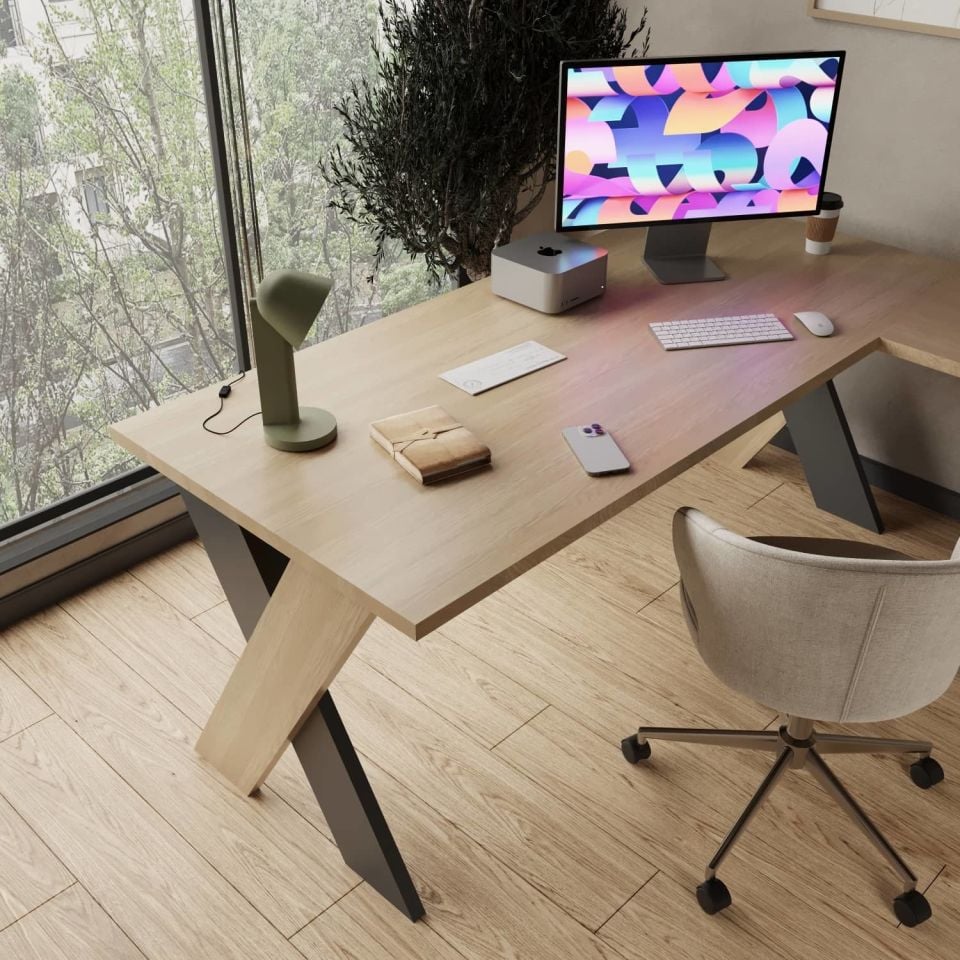 Omix Kesonlu L Çalışma Masası Takımı (Meşe/Antrasit) - Ofis Masası 180 cm